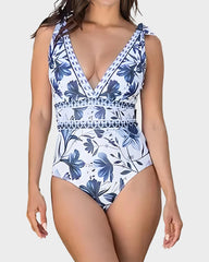 V Neck Lace Up Printed One Piece Swimsuit and Skirt