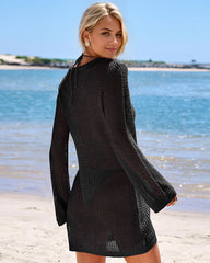Deep Plunge Long Sleeve Beach Crochet Cover Up Dress