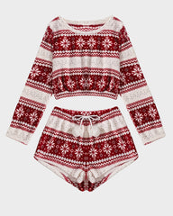 Festive Pattern Coral Fleece Long Sleeve Top and Shorts Set