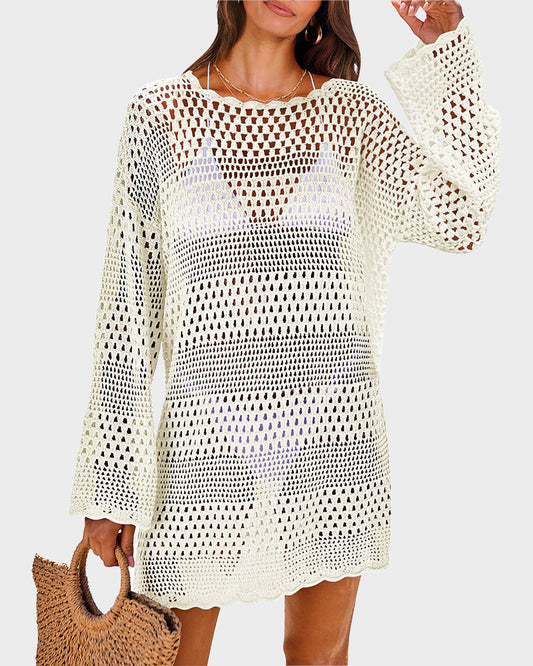 Long Sleeve Crochet Swim Cover Up Beach Dress