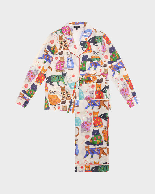 Christmas Cat Print Long Sleeve Satin Pajama Set