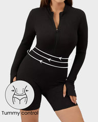 Ribbed Long Sleeve Half-Zip Sculpting Bodysuit Shorts