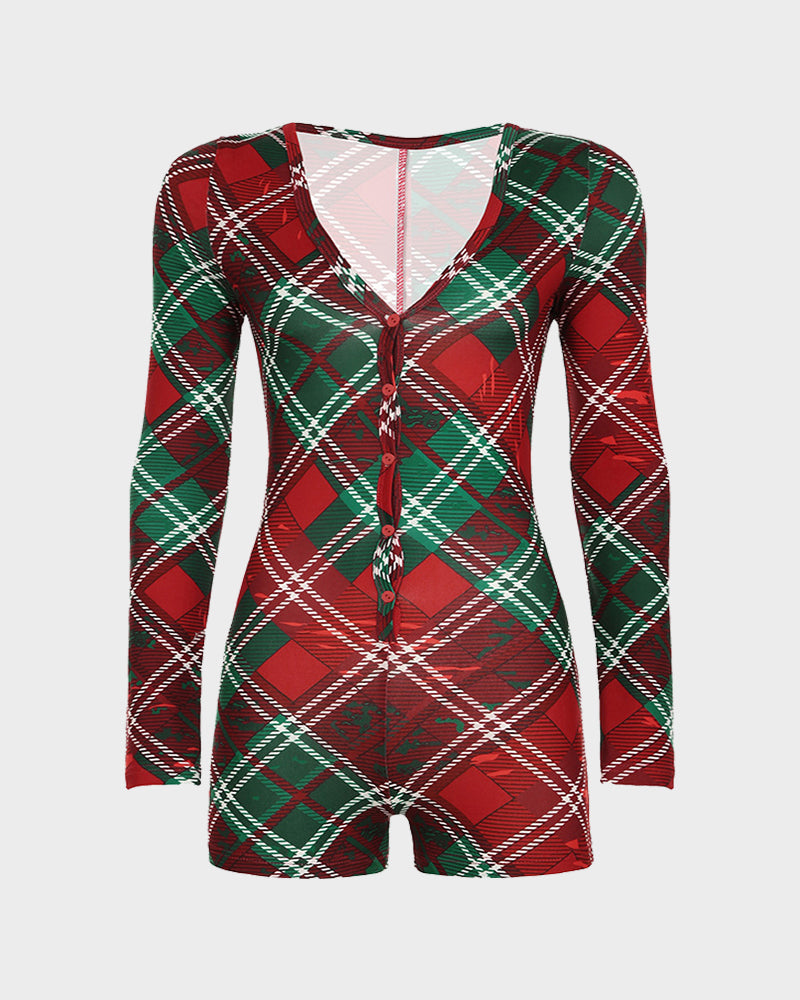 Christmas Plaid Long Sleeve Deep V Button Front Romper