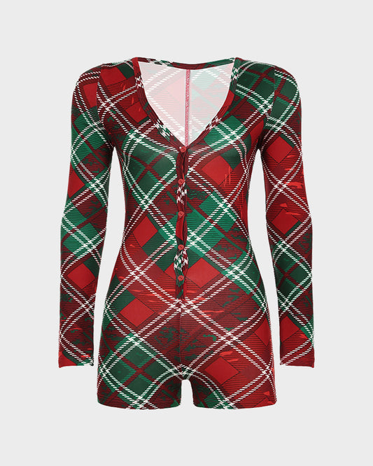 Christmas Plaid Long Sleeve Deep V Button Front Romper