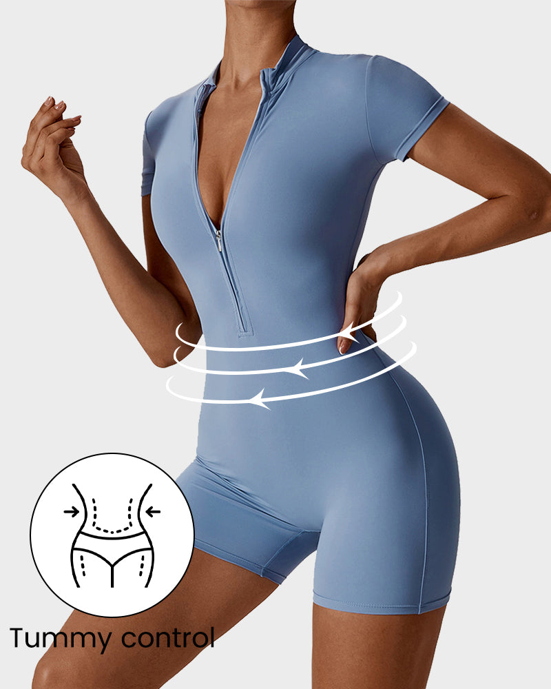 Short Sleeve Zipper Front Fitted Workout Jumpsuit Shorts