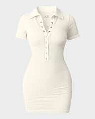 Ribbed Short Sleeve Button-Up Fitted Mini Dress