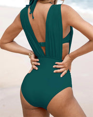 Deep Plunge Ruched Swimsuit with Halter Bra Two-Piece Set