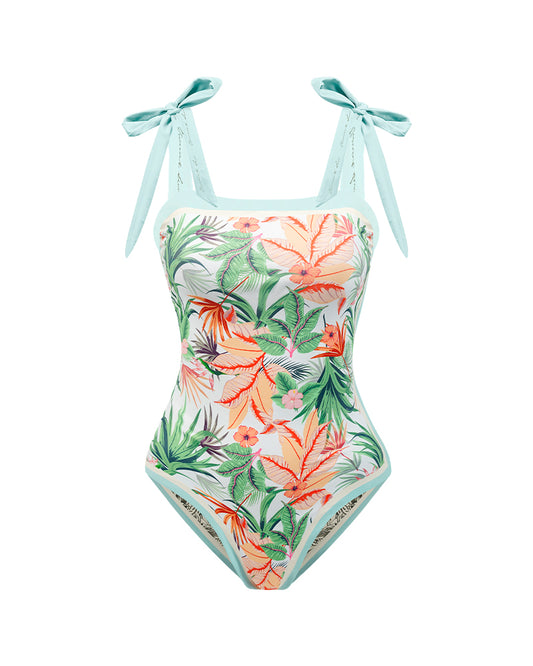 Reversible Tie-Strap Floral Print One-Piece Swimsuit