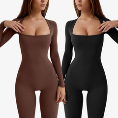 Square Neck Long Sleeve Flared Jumpsuit