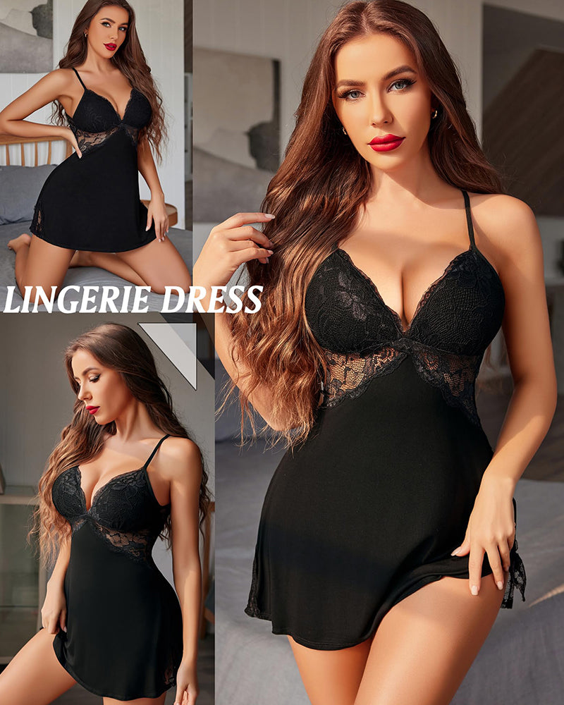 SheCurve® Lace Trim Slit Sleep Dress Babydoll Teddy Lingerie