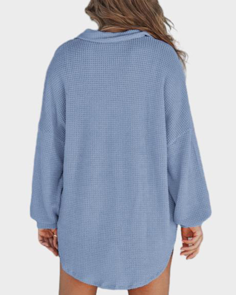 Relaxed Fit Long Sleeve Waffle Knit Button-Up Shirt