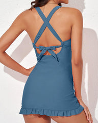 Deep V Cross-Back Ruched One-Piece Swimsuit