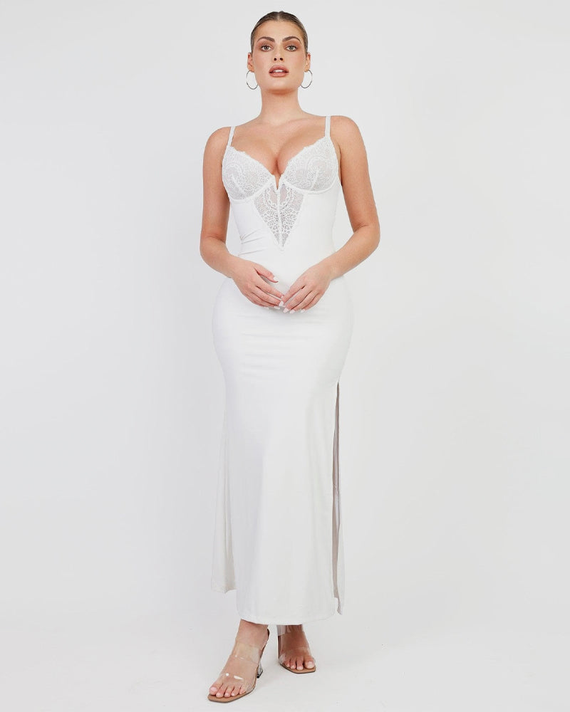 Deep-V Lace High-Slit Maxi Dress with Built-In Shapewear