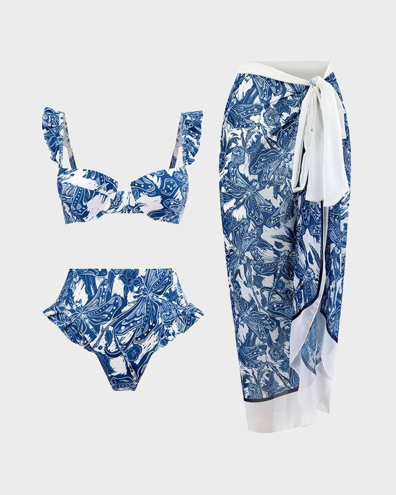 SheCurve® Vintage Floral Printed Bikini Set with Beach Cover up Wrap Skirt