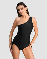 One Shoulder Drawstring Lace-Up Back Sculpting Swimsuit