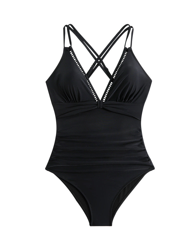 V-Neck Hollow Trim Cross-Back One-Piece Swimsuit