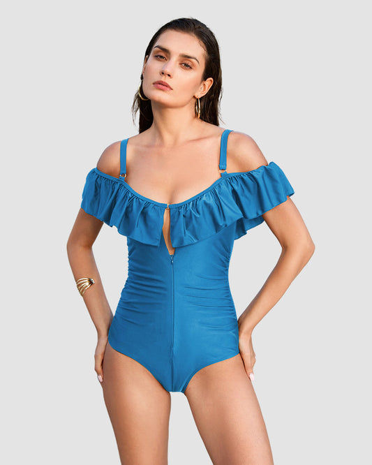 Drop-Shoulder Ruffled Zip-Front Shapewear Swimsuit