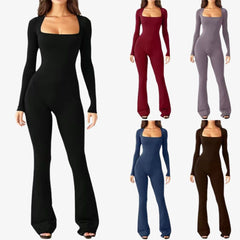 Square Neck Long Sleeve Flared Jumpsuit