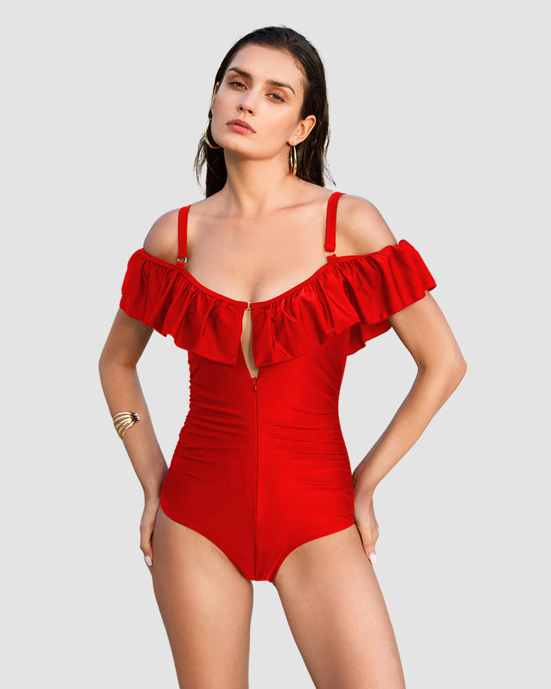 Drop Shoulder Ruffled Zip Front Shapewear Swimsuit