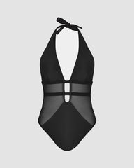 Plunge Halter Neck Mesh Backless Swimsuit