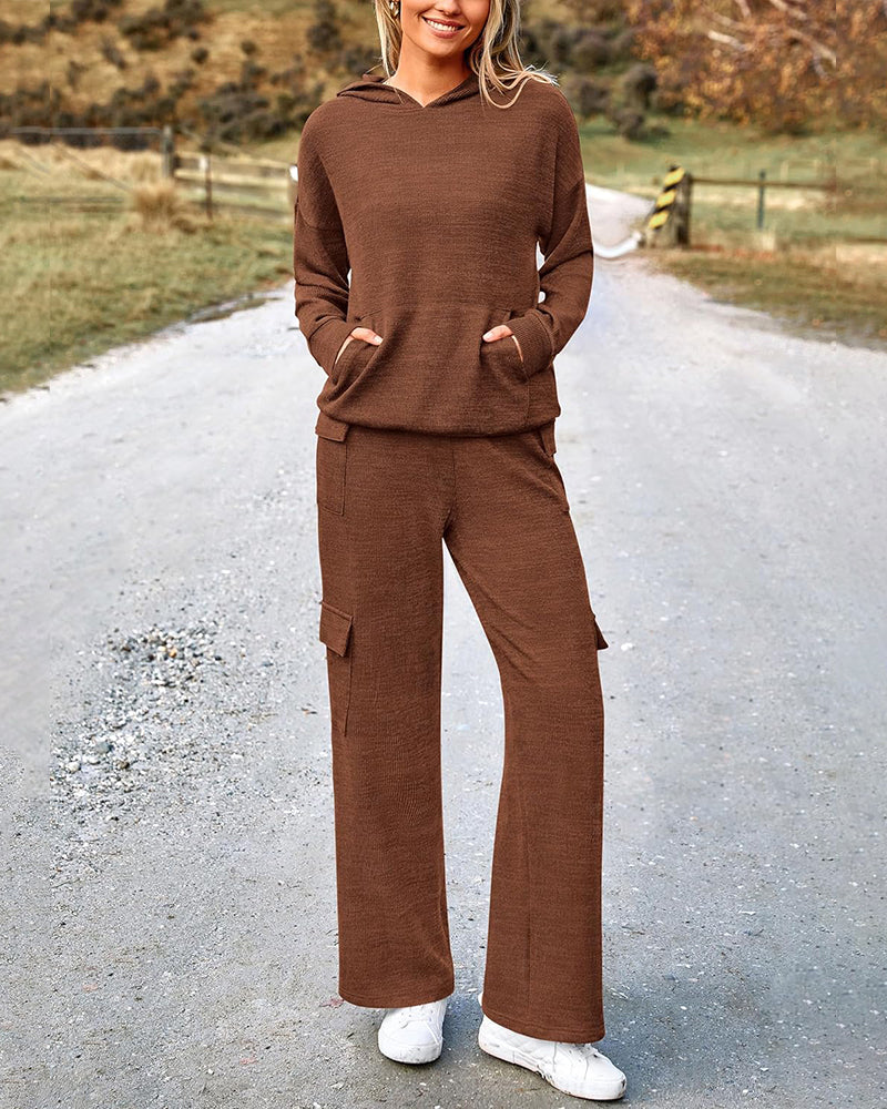 2 Piece Knit Hoodie & Wide Leg Pants Outfit