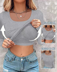 Long Sleeve Ribbed Fitted Top with Built-In Bra