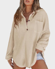 Relaxed Fit Long Sleeve Waffle Knit Button-Up Shirt