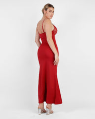 Deep-V Lace High-Slit Maxi Dress with Built-In Shapewear