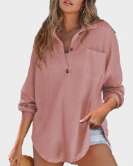 Relaxed Fit Long Sleeve Waffle Knit Button-Up Shirt