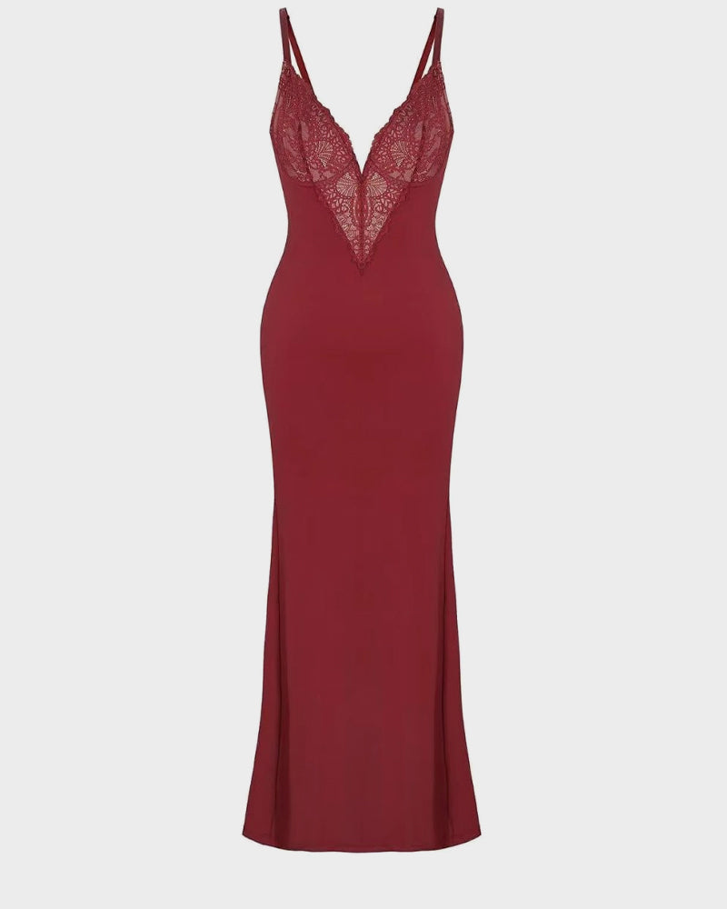 Deep-V Lace High-Slit Maxi Dress with Built-In Shapewear