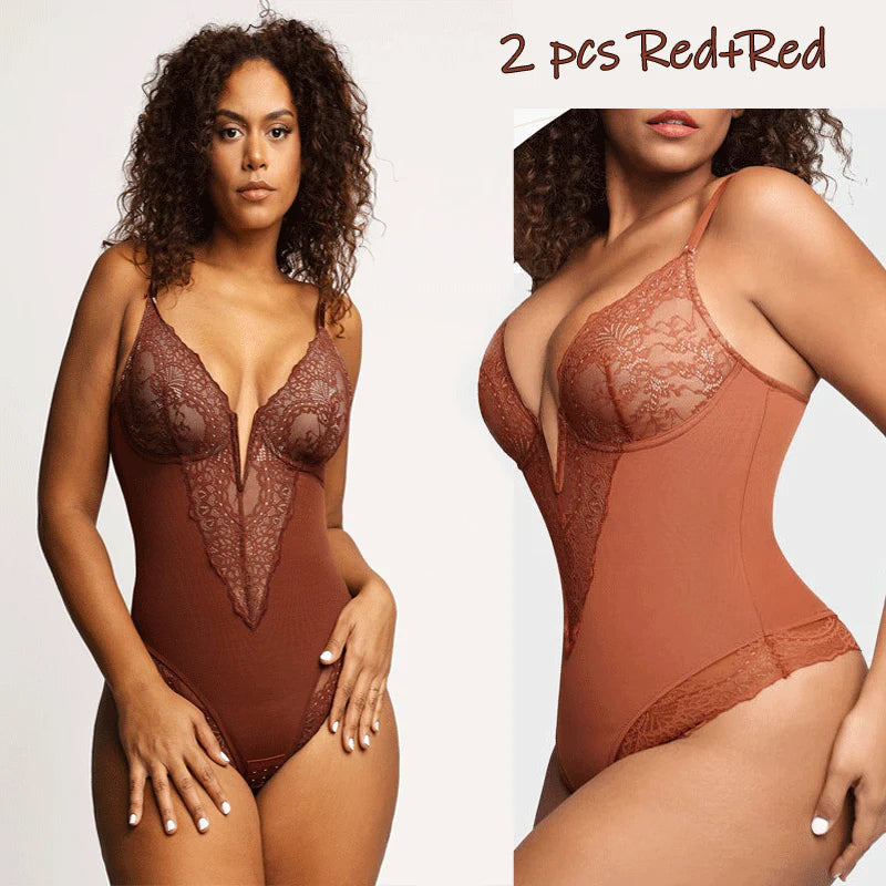 Shecurve® Lace Deep-V Neck Bodysuits