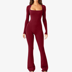 Square Neck Long Sleeve Flared Jumpsuit