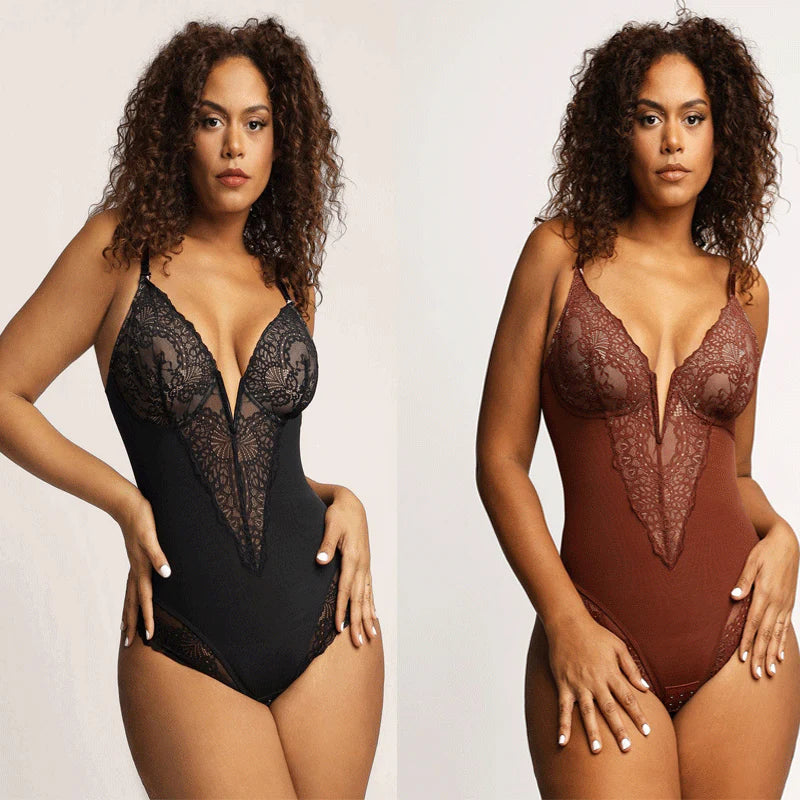 Shecurve® Lace Deep-V Neck Bodysuits