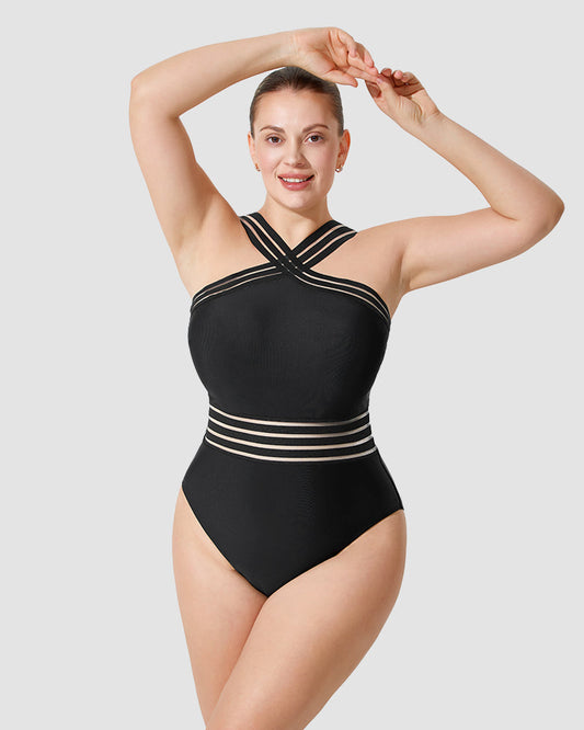 Striped Mesh Insert Cross-Over Halter Neck Swimsuit