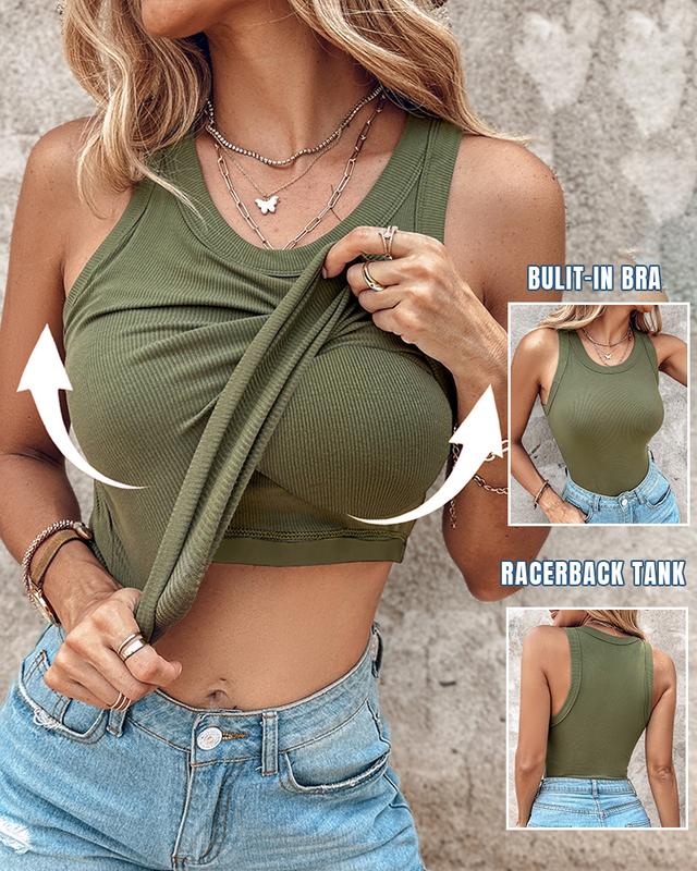 Tank Top Built Bra Round Neck Ribbed Tank Top Bra Pads