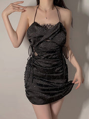 Sparkling Ruched Lace Mesh See-Through Halter Dress