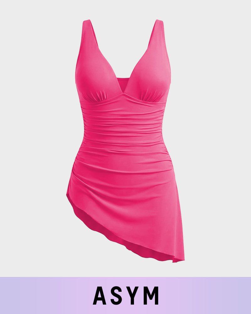 Ruched V-Neck Side Tie Slimming Swim Dress