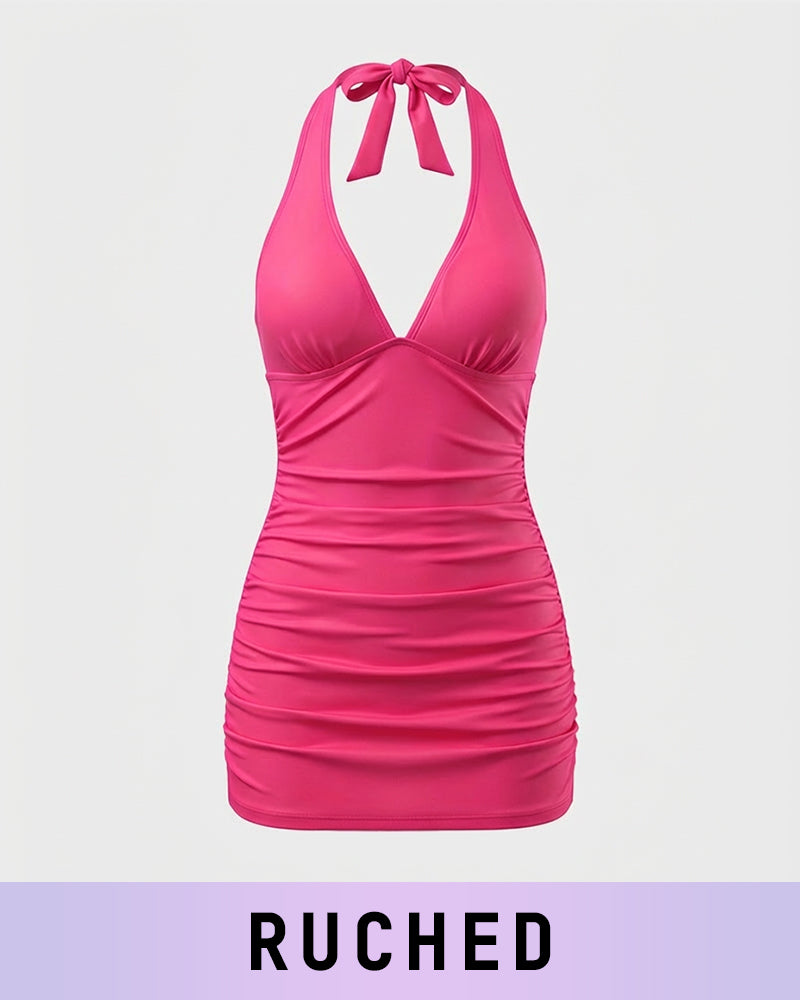 Halter V-Neck Tummy Control Swim Dress – 2-Piece Set
