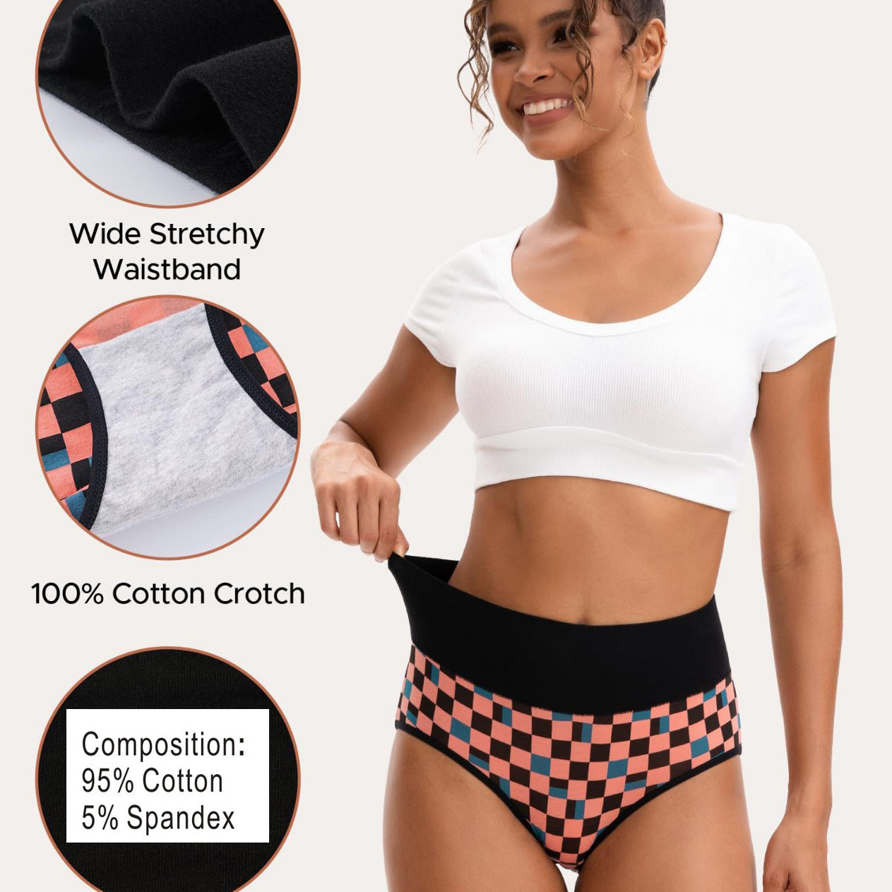 5-Pack Checkerboard High-Waisted Cotton Briefs