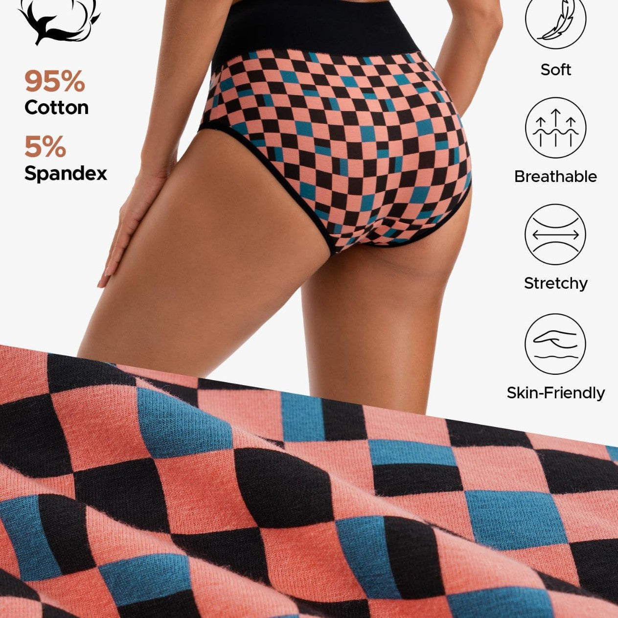 5-Pack Checkerboard High-Waisted Cotton Briefs