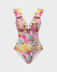 Deep V Ruffled Lace-Up Floral Print Swimsuit