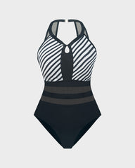 Halter Neck Stripes Mesh Insert One-Piece Swimsuit