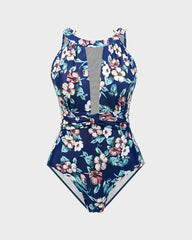 Floral Print Mesh-Inset High Neck Swimsuit