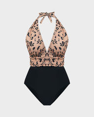 Deep V Halter Neck Leopard Print Swimsuit