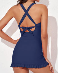 Deep V Cross-Back Ruched One-Piece Swimsuit