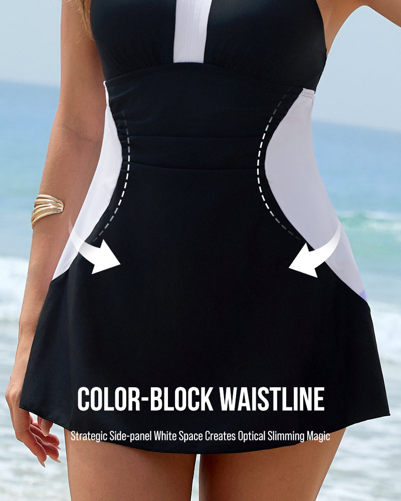 Visual-Slimming Color-Block Skirted One-Piece Swimsuit