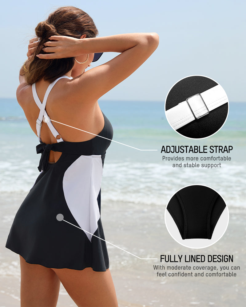 Visual-Slimming Color-Block Skirted One-Piece Swimsuit