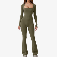 Square Neck Long Sleeve Flared Jumpsuit