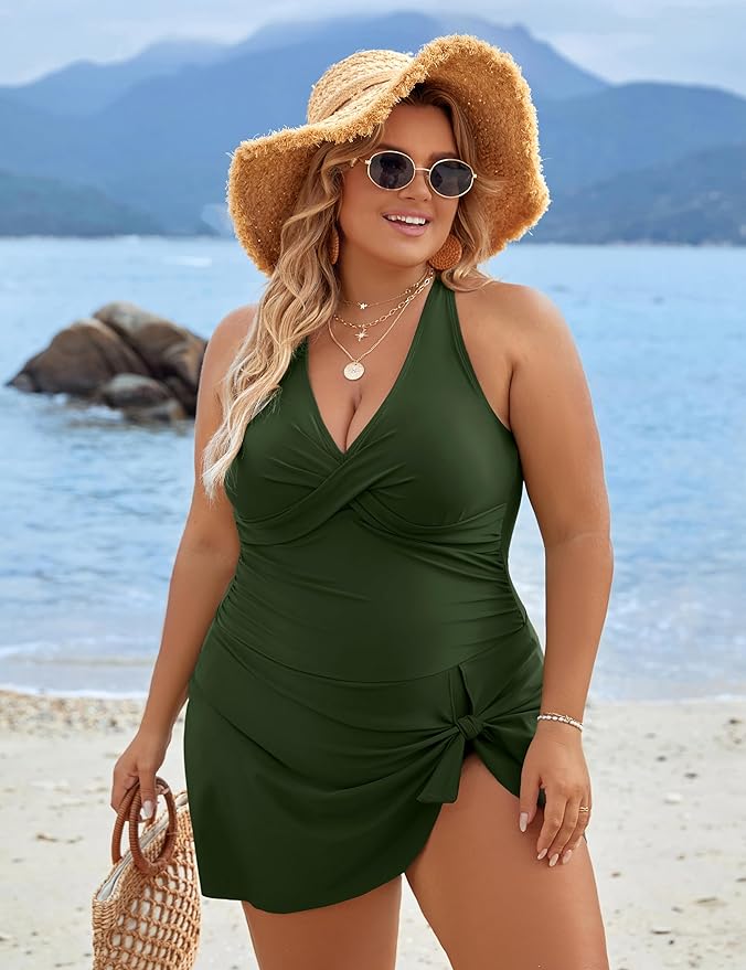 Women's V-Neck Ruched Swim Dress Side-Tie Knot Plus Size One Piece SwimDress Green SheCurve Women's V-Neck Ruched Swim Dress Side-Tie Knot Plus Size One Piece SwimDress Green SheCurve