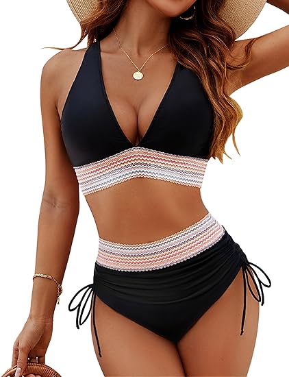 SheCurve®High Waisted Tummy Control Color Block Bikini Sets